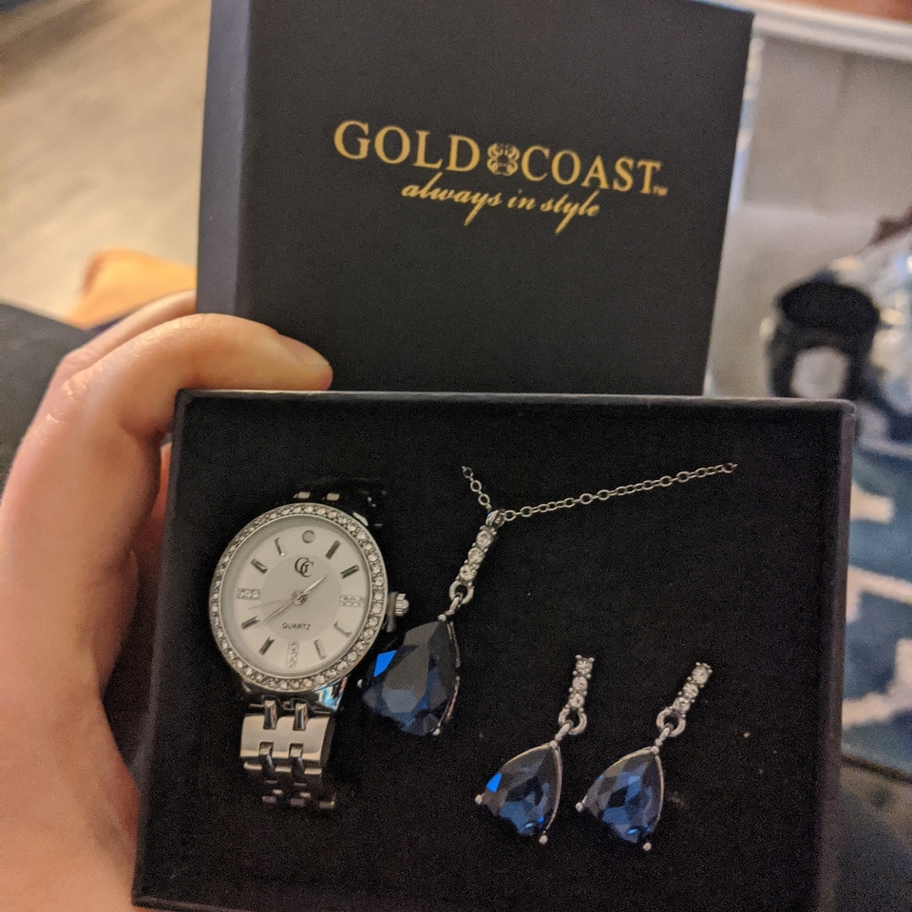Gold coast watch, necklace, and earring set blue
